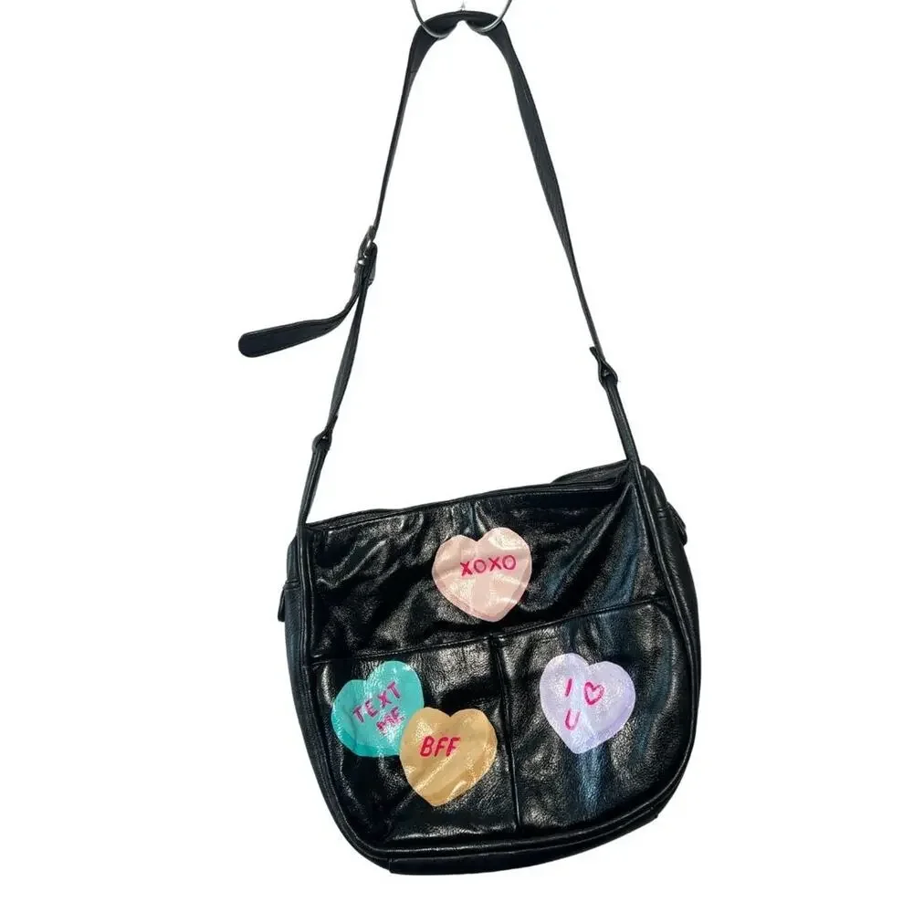 Black Leather Hand Painted Sweethearts Purse Graphic Cheeky Whimsy Pop Art